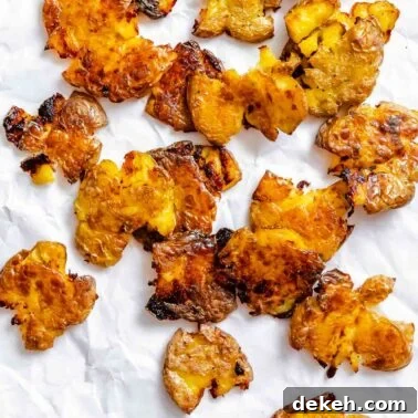 Completed Crispy Smashed Potatoes on a white surface.