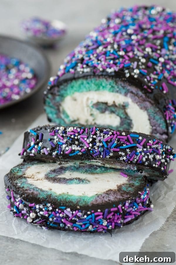 Multi-colored galaxy cake roll with black chocolate ganache, topped with sprinkles!