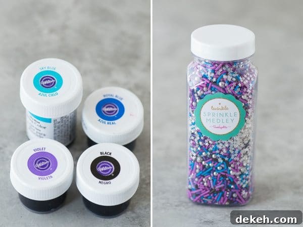 Multi-colored galaxy cake roll with black chocolate ganache, topped with sprinkles!