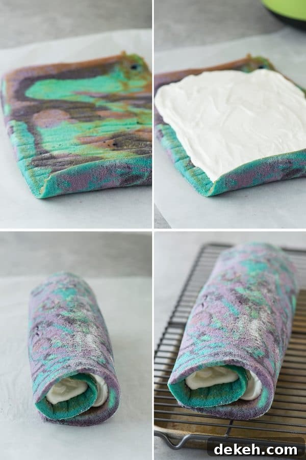 Multi-colored galaxy cake roll with black chocolate ganache, topped with sprinkles!