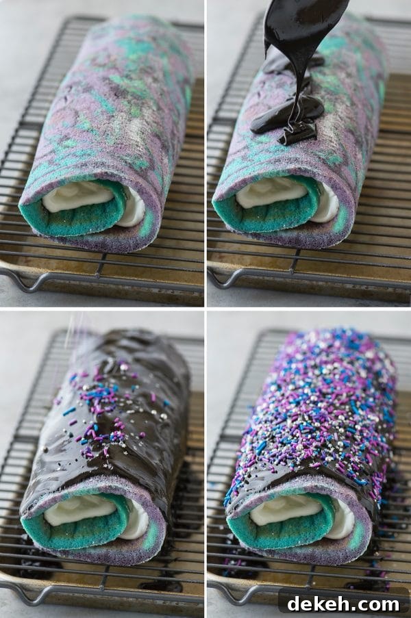 Multi-colored galaxy cake roll with black chocolate ganache, topped with sprinkles!