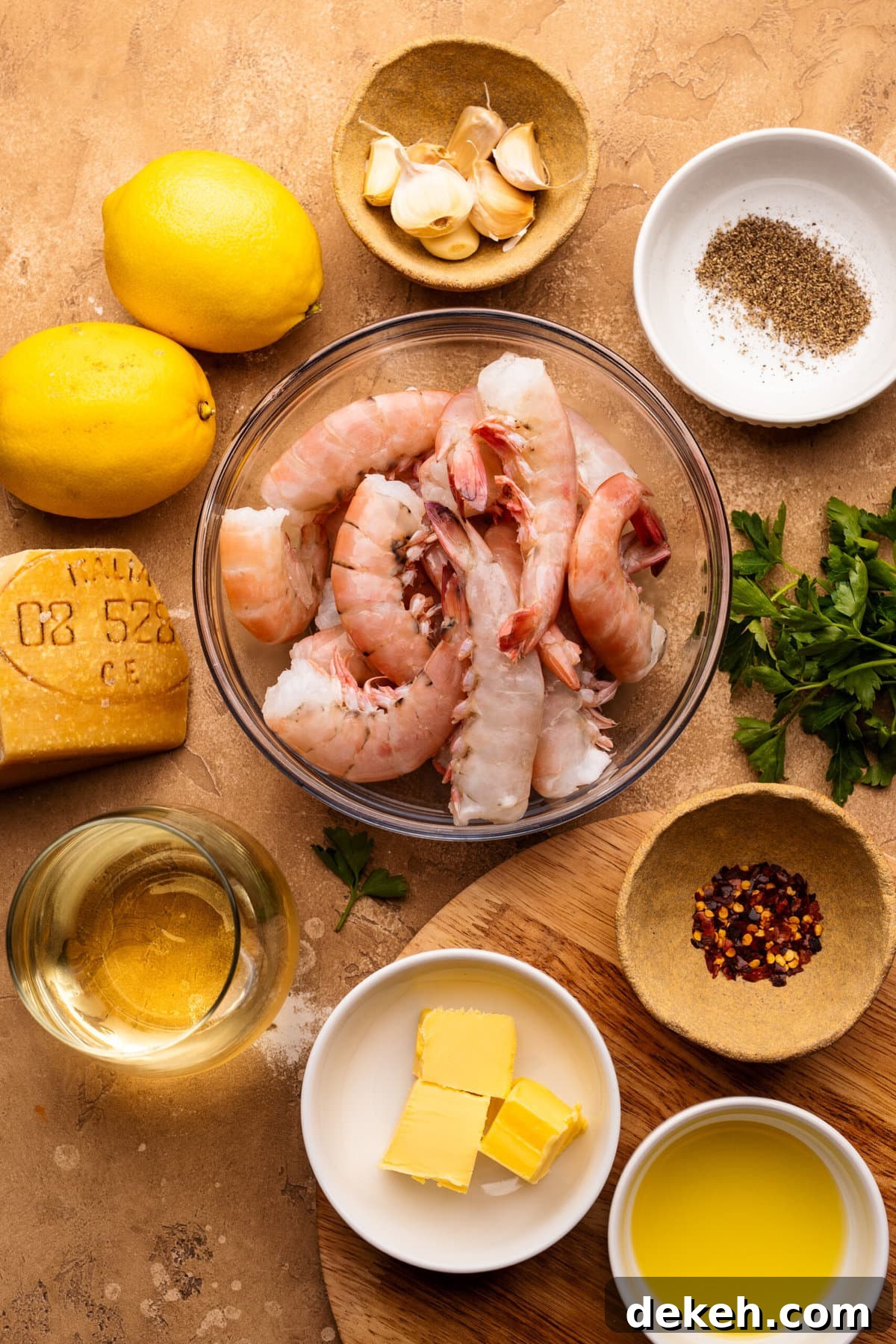 Ingredients for shrimp scampi arranged on a tan-textured background. Some of the ingredients are left whole and others are displayed in different colored bowls that range in different sizes.