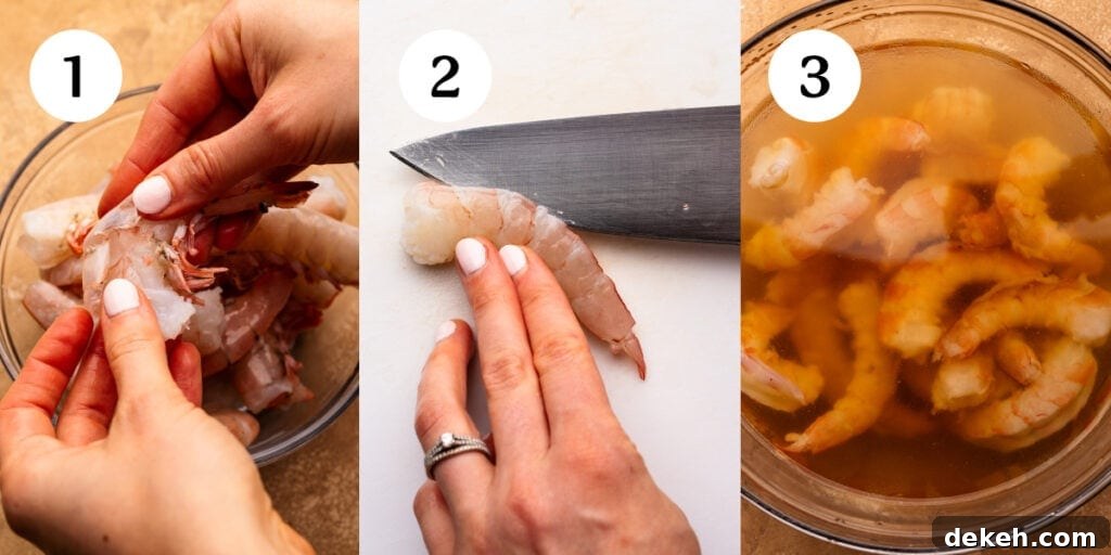 A collage of photos showing steps for how to make shrimp scampi. The first photo, step one, is a hands showing how to remove the shell from the shrimp. The second photo, step two, is a hand holding a piece of shrimp on a white cutting board and a knife slicing down the back of the shrimp to devein it. The third image is step three, with a clear glass bowl showing raw shrimp being brined in salt and sugar. 