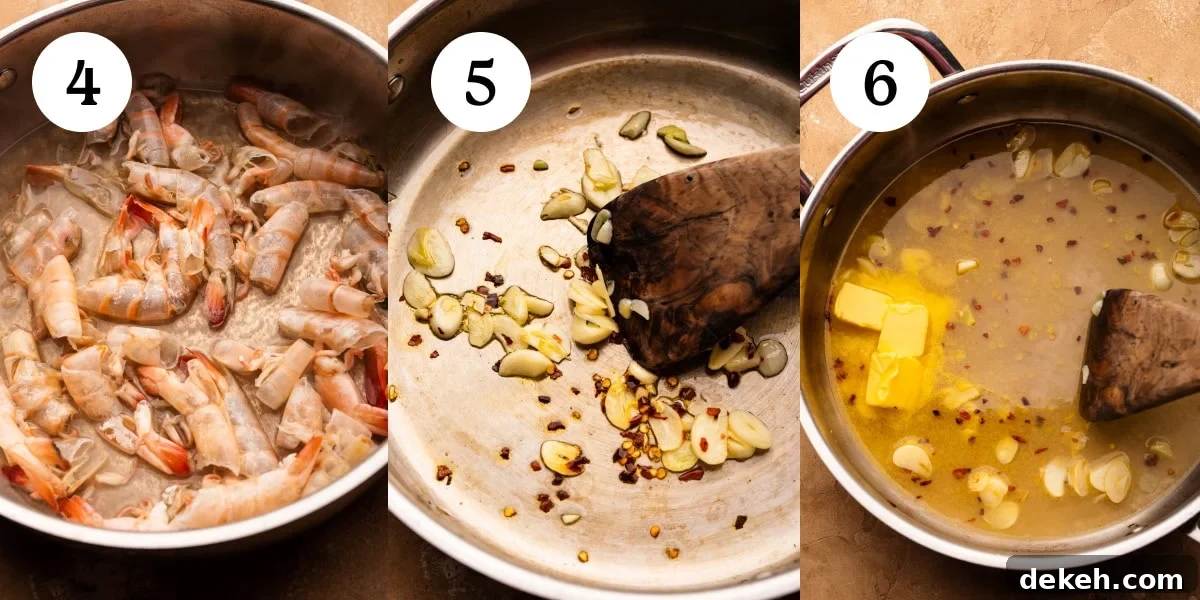 A collage of photos showing how to make shrimp scampi. The first photo, step four, is shrimp shells and white wine being cooked to make a stock in a skillet pan. The second image, step five, is garlic and red pepper flakes being sautéed in a skillet pan with a wooden spoon. The third photo, is steph six, showing a wooden spoon stirring butter and white wine into the garlic to make the sauce.