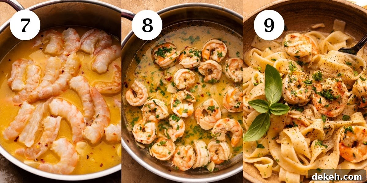 A collage of photos showing how to make shrimp scampi. The first photo, step seven, is showing raw shrimp being cooked in a white wine and lemon sauce. The second photo, step eight, is the shrimp after it's been cooked in the sauce topped with chopped parsley. The third photo, step nine, is the shrimp and sauce being served with tagliatelle pasta. 