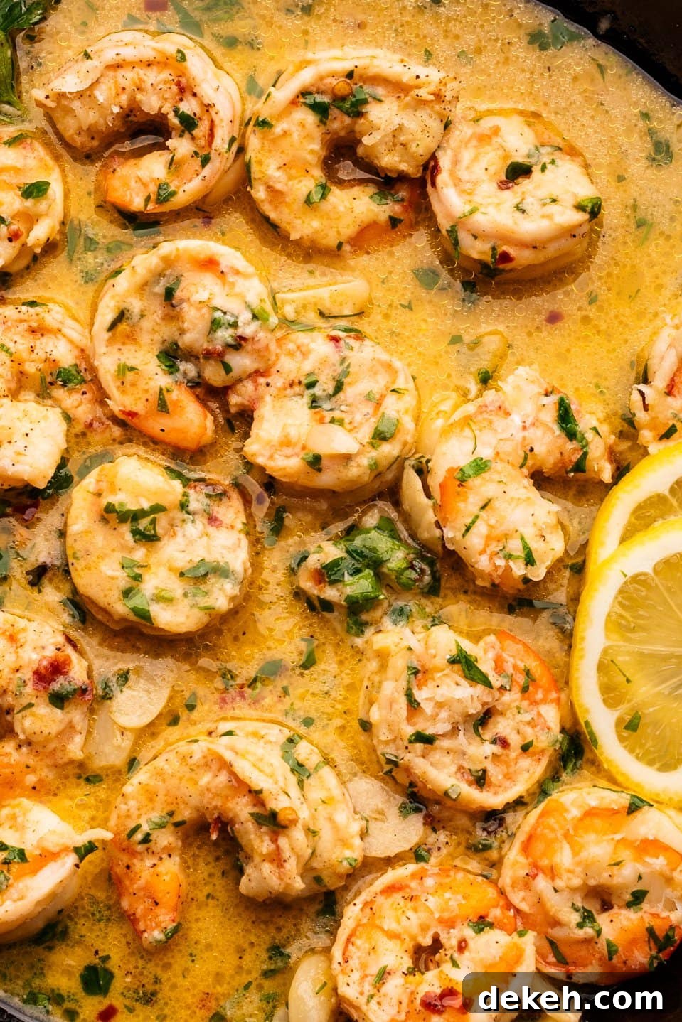 A close up of shrimp scampi in sauce with lemon slices arranged in with the shrimp.