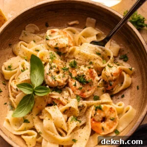 A bowl of shrimp and pasta in it on a tan background with a glass of white wine and herbs decorated around it.