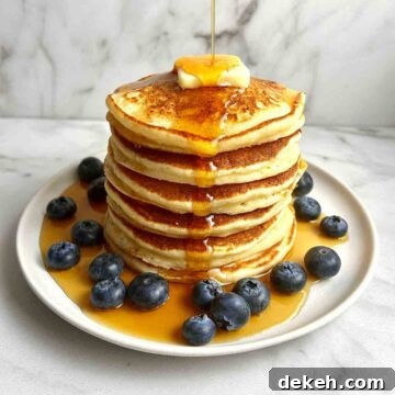 plate of ricotta pancaked stacked on top of each other; blueberries on bottom of plate, and syrup being drizzled all over.