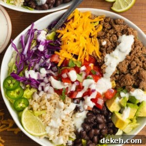 This is a square picture of a beef taco bowl.
