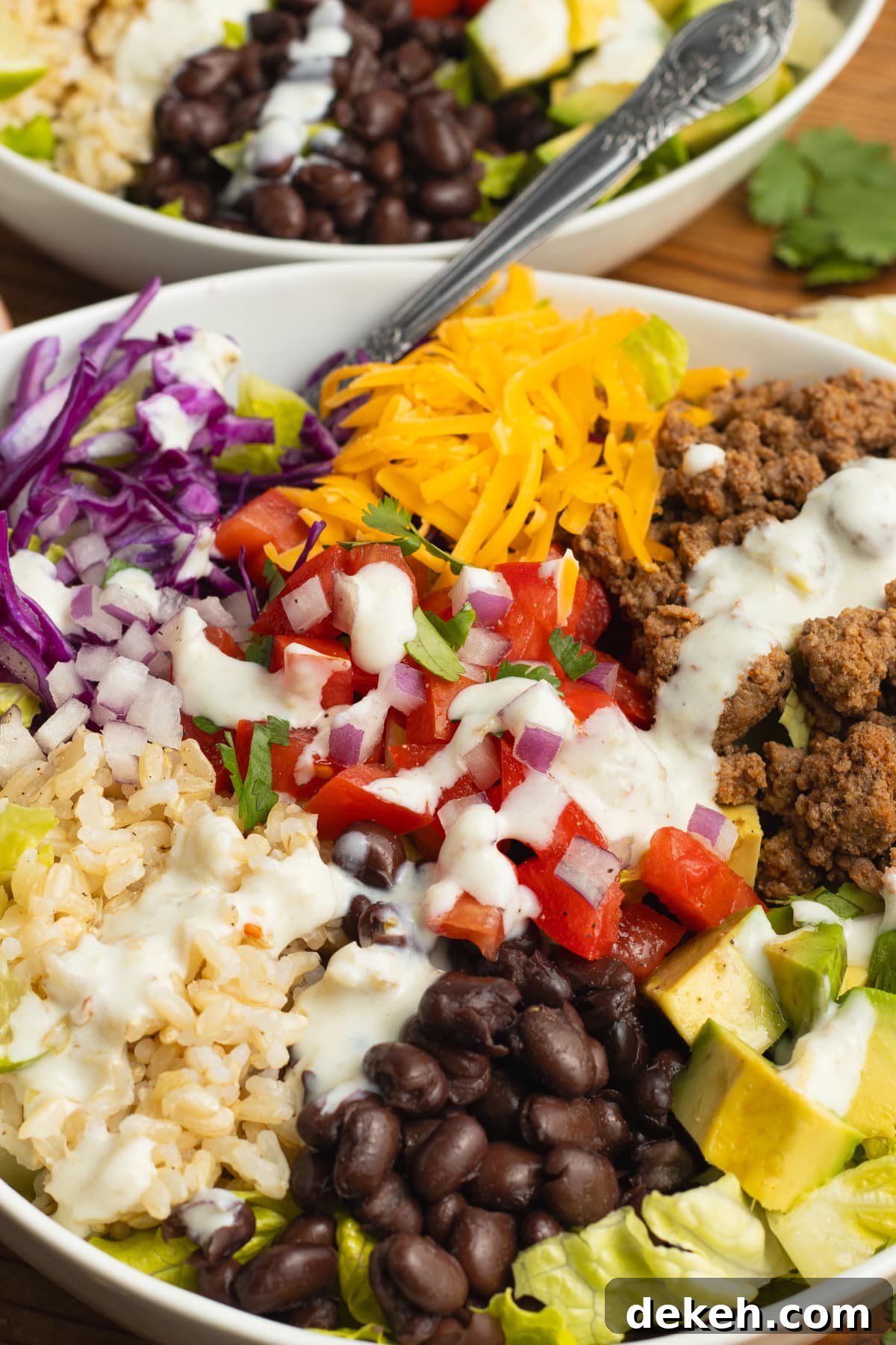 This is a close-up picture of a beef taco bowl.
