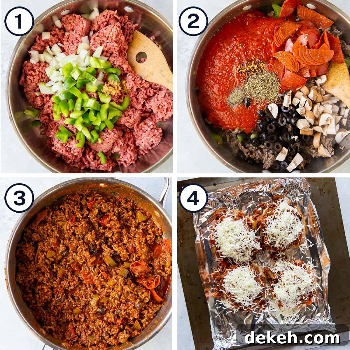 Pizza Joe filling is cooked in a skillet and on hamburger buns with cheese.
