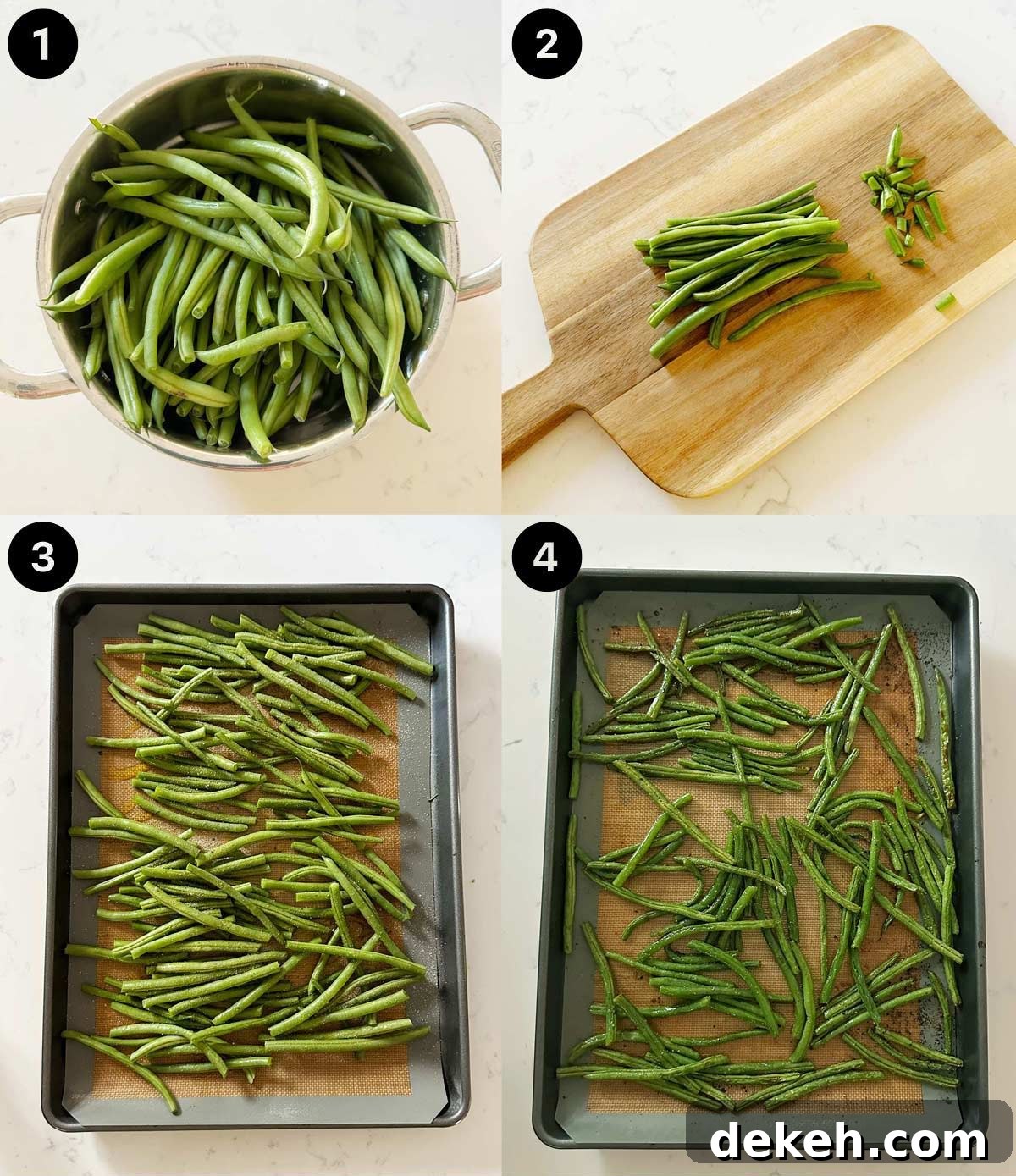 A photo collage showing how to make baked green beans.