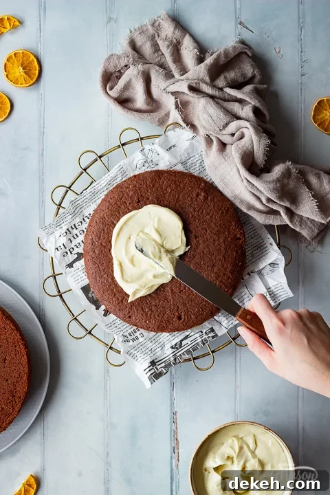 A chocolate orange cake on a cake rack being filled