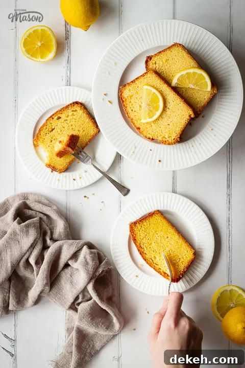 3 White plates topped with slices of moist lemon drizzle cake