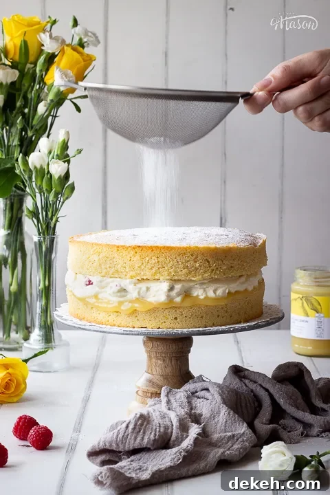 A lemon and raspberry cake being dusted with icing sugar.