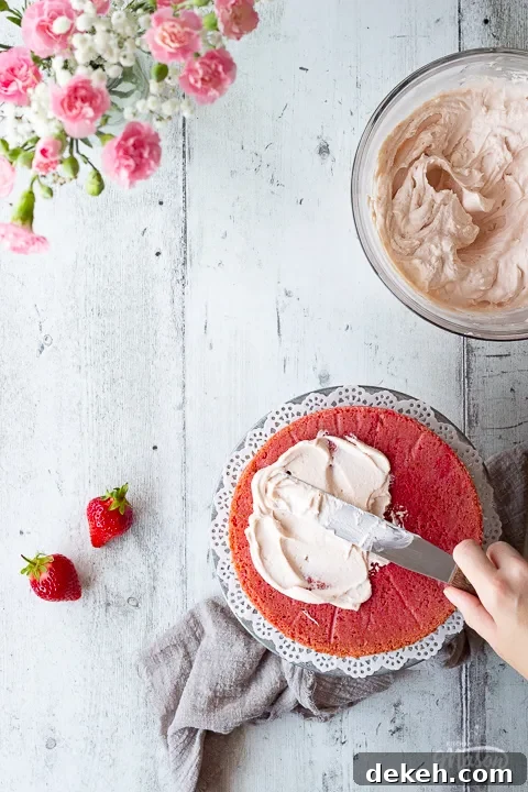Someone spreading strawberry frosting onto a strawberry cake