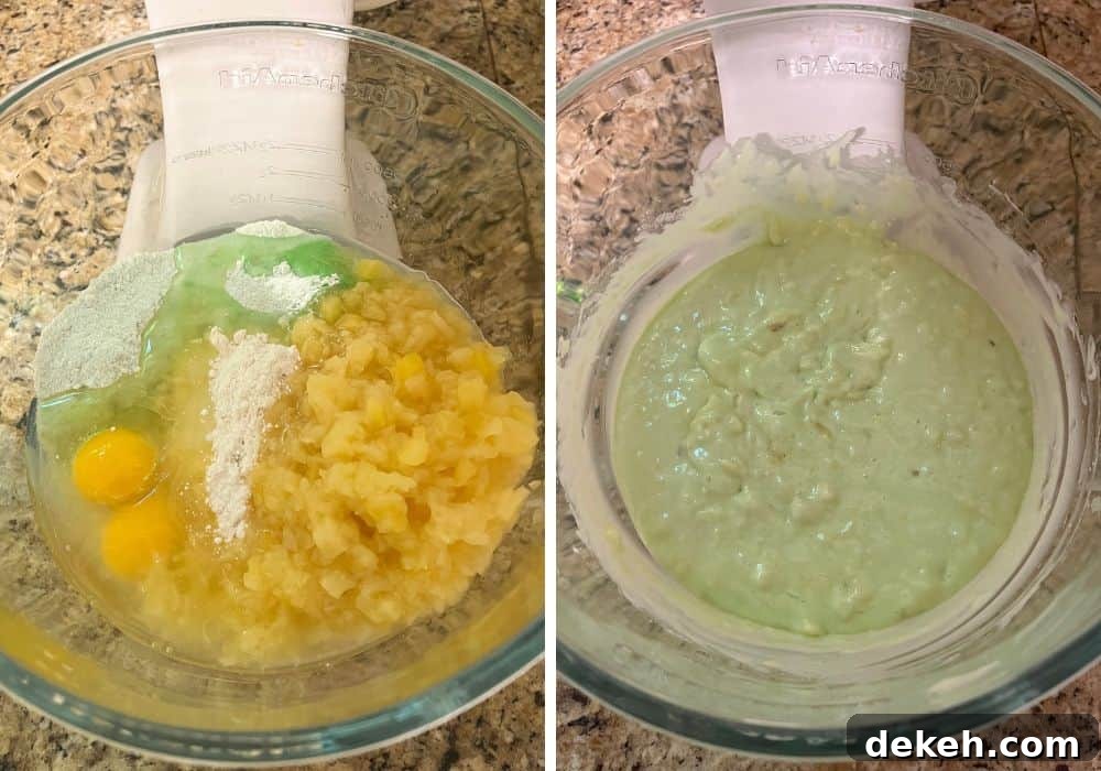 two photos; one shows all ingredients for pineapple pistachio cake in a mixing bowl; the other shows the batter after it's been mixed together.