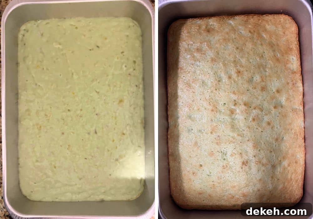 two photos; one shows cake batter spread into a 9x13" pan; the other shows the freshly baked golden-brown cake.