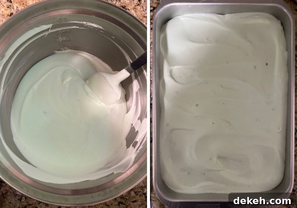 two photos; one shows pistachio Cool Whip frosting in a silver bowl; the other shows the frosting spread over the pistachio pineapple cake.