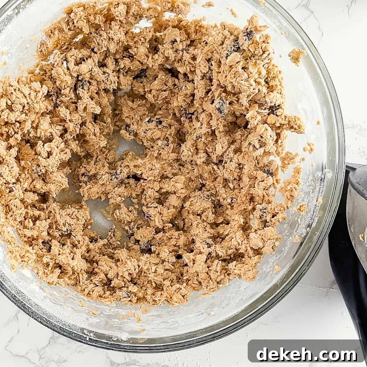 Mixing in the dry ingredients, oatmeal, and raisins.