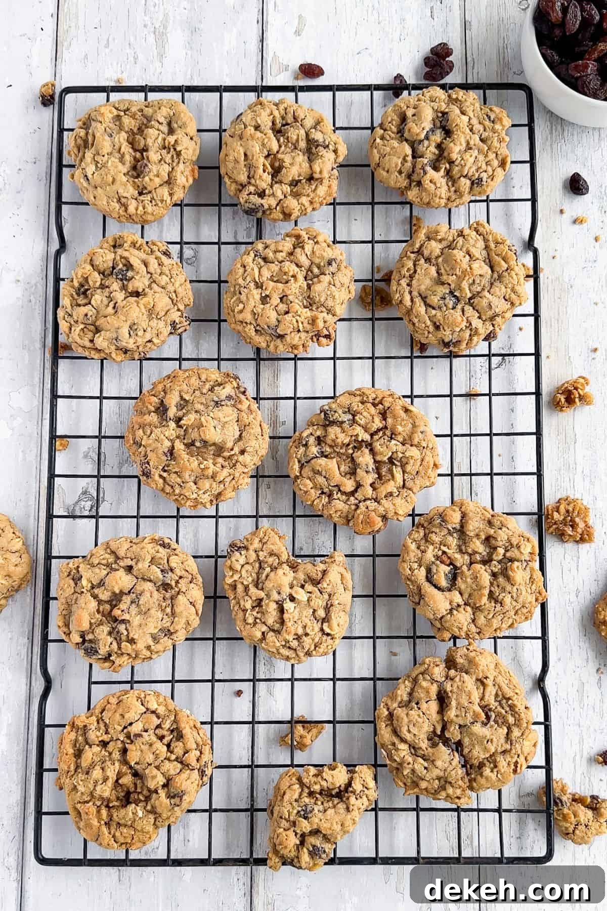 Soft and chewy oatmeal cookies on a wire rack.
