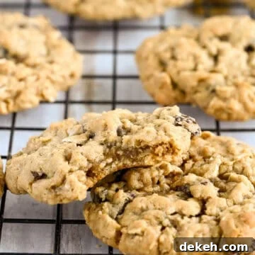 Chewy oatmeal cookies stacked on top of each other.