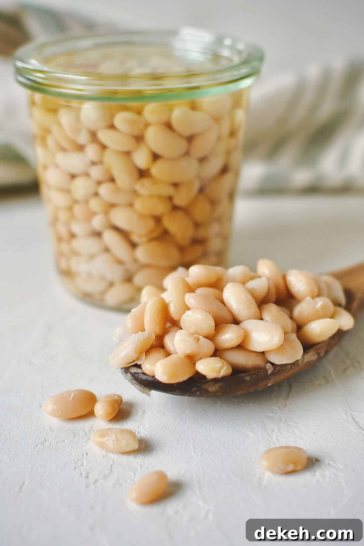Cooked beans, stored in a glass jar for later use. some laying in a spoon on the table on the side of the jar.