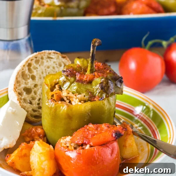 Greek stuffed peppers and tomatoes in a colorful bowl with potatoes, tomato sauce, a chunk of feta cheese and a piece of fresh bread with a blue baking dish of food behind.