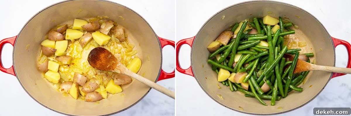 A collage of 2 images showing potatoes and onions cooking in a big red cast iron pot with a wooden spoon, and then with green beans added.