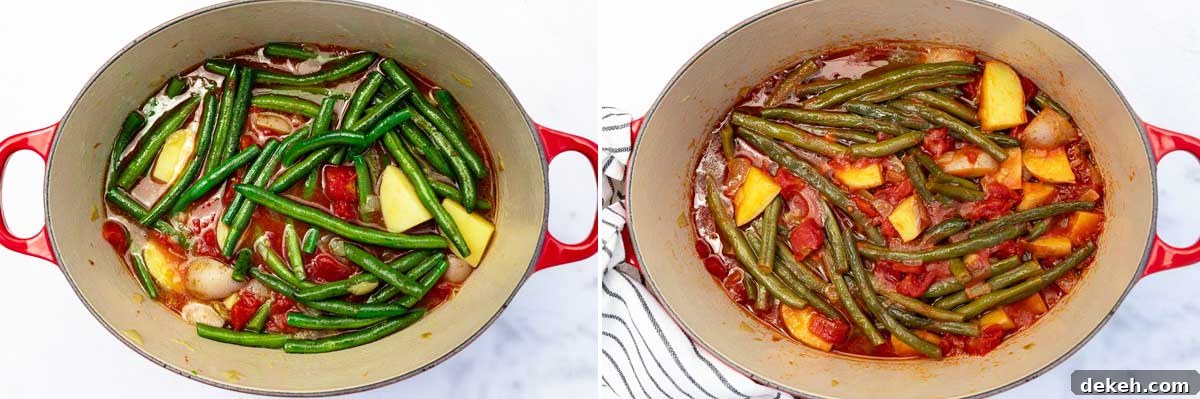 A collage of 2 images showing a green bean, potato and tomato mixture in a red cast iron pan, and then after cooking.