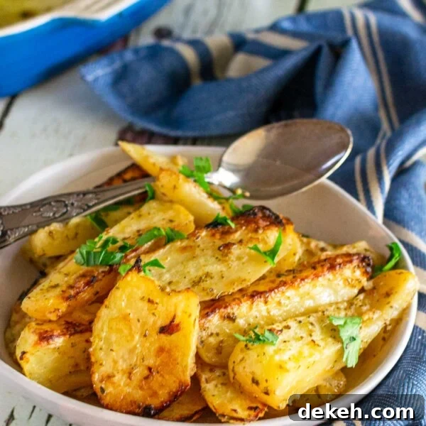 A small dish of Greek potatoes in a beige dish with a spoon in and parsley on top, with a blue and white striped tea towel in front and a blue baking dish at the back, all on a white wooden background.