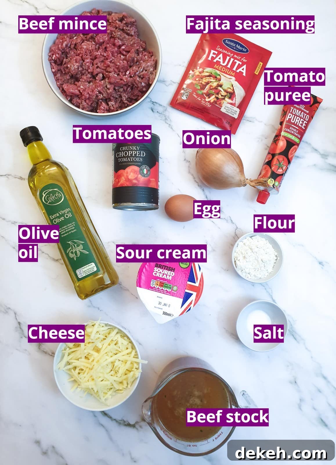 Ingredients for the filling of a tex mex beef pie.