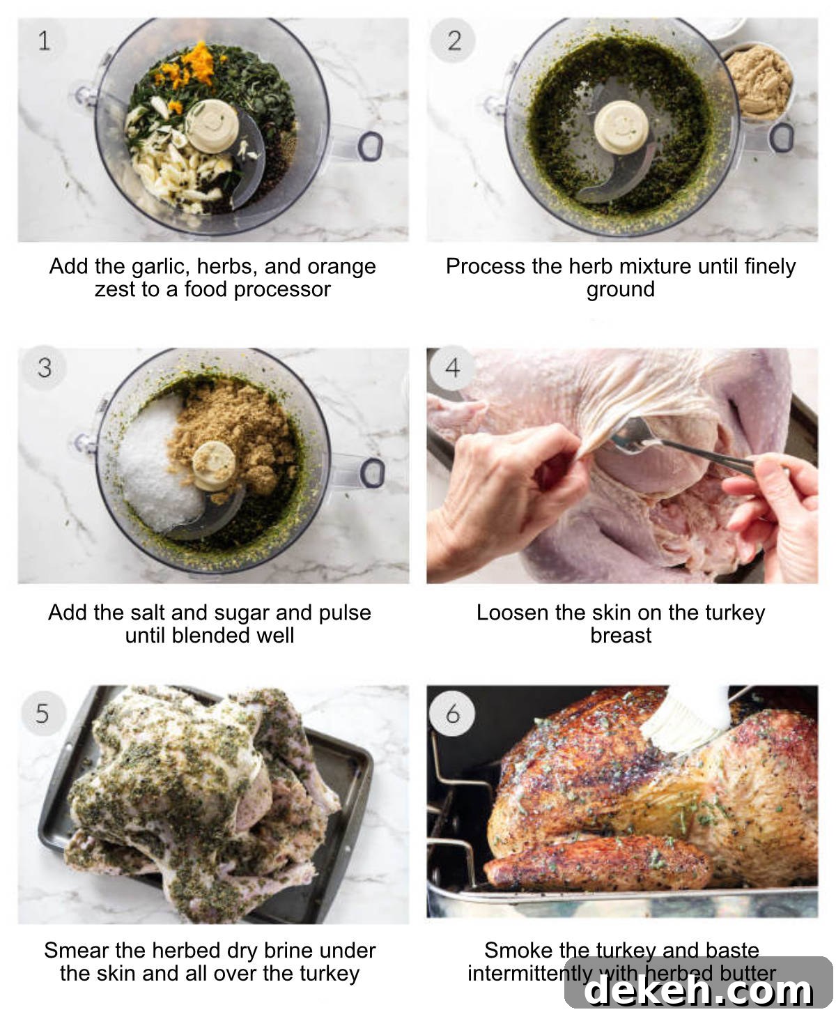 Showing how to make a dry brine smoked turkey, first making the dry brine, then smearing the brine on the turkey, and finally basting it while it smokes.