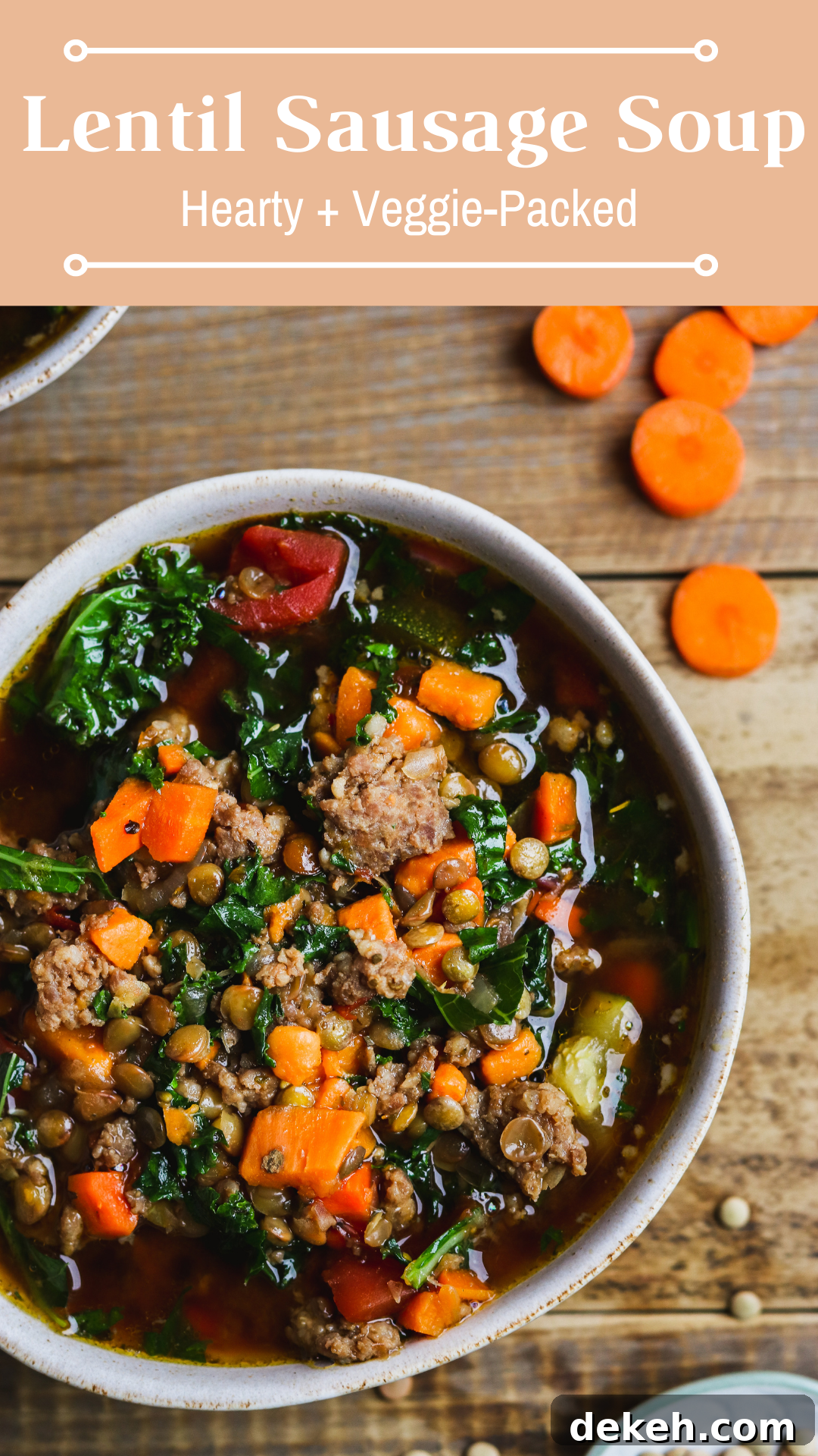 Lentil Sausage Soup is a hearty, veggie-packed soup that's delicious for a cozy and filling dinner! #lentilsoup #soup #souprecipe