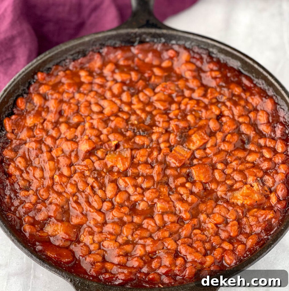 Southern baked beans in a cast iron skillet