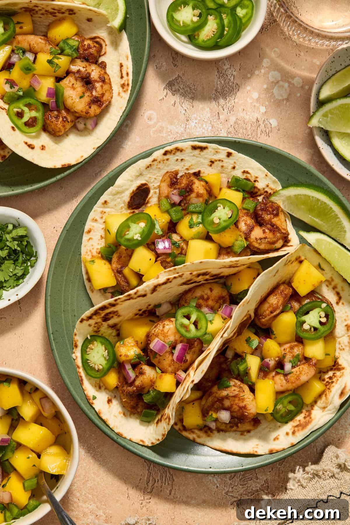 Spicy shrimp tacos on green plate topped with mango salsa, sliced jalapeño and lime wedges on the side.