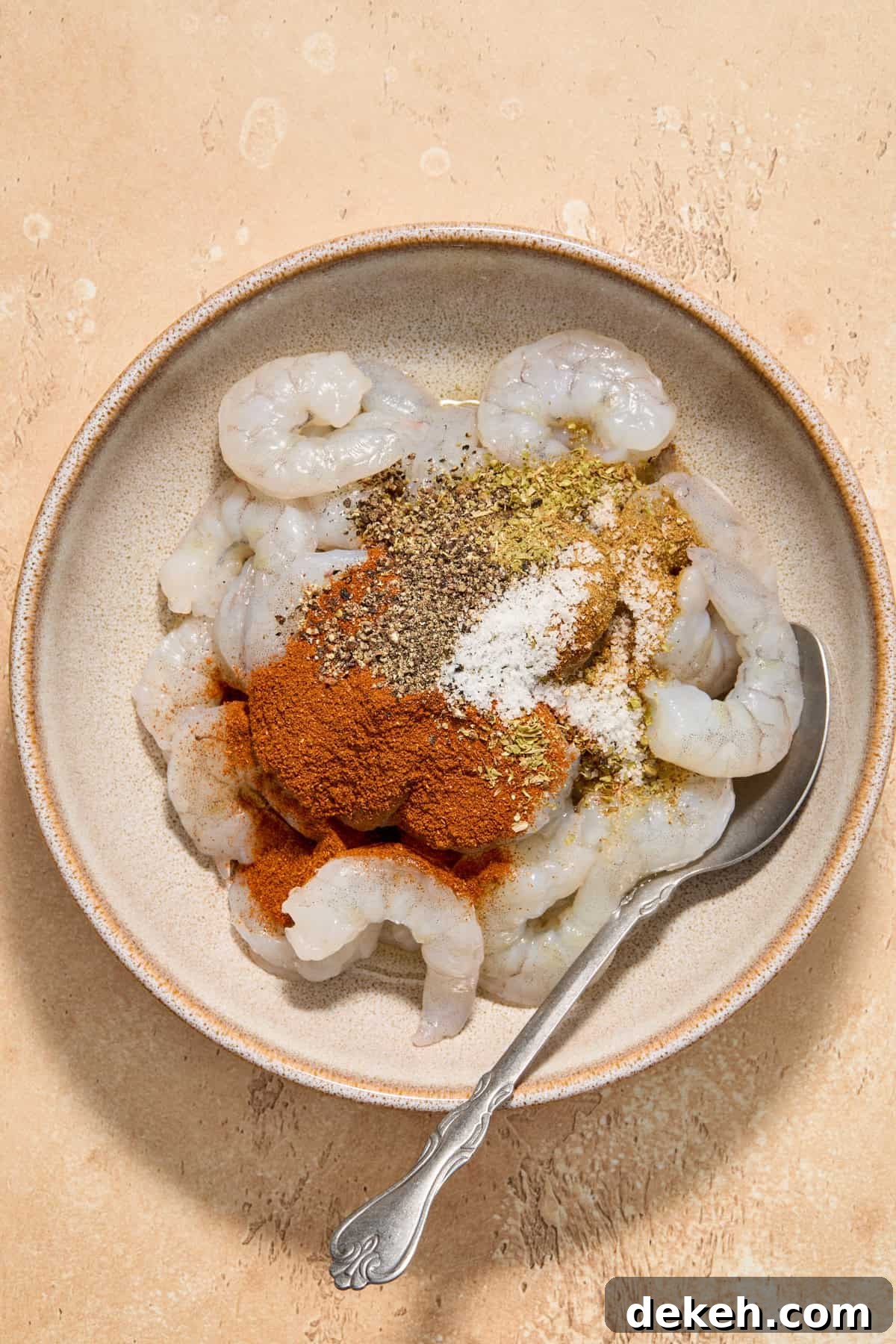 Chili powder, garlic powder and other seasoning on raw shrimp in bowl with spoon.