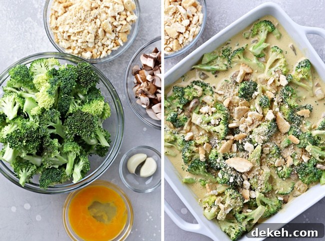 Chopped veggies in bowls and then an unbaked casserole.