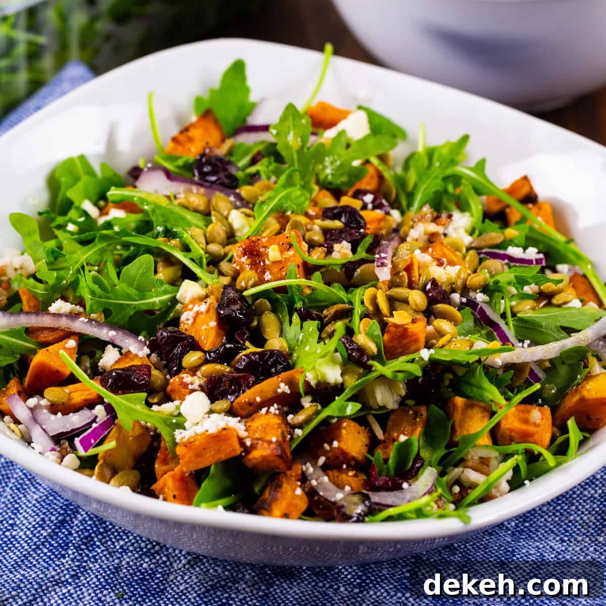Sweet Potato, Arugula, and Feta Salad in a bowl.