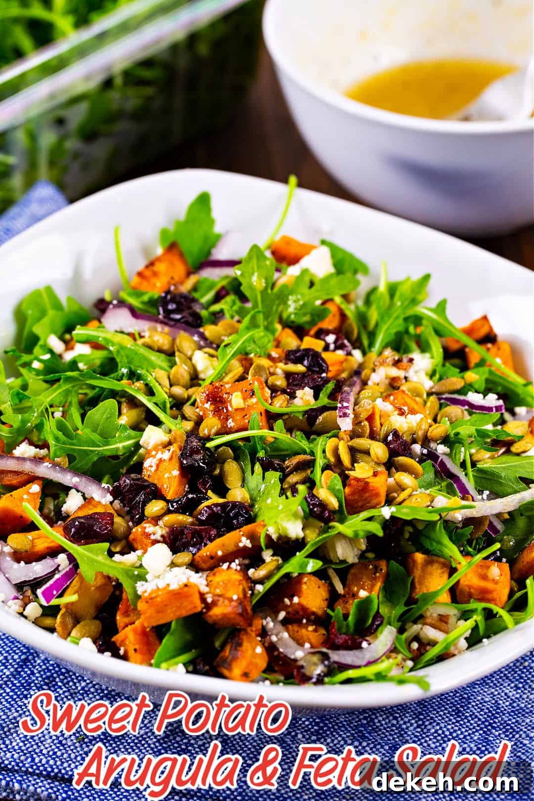 Sweet Potato, Arugula, and Feta Salad in serving bowl.