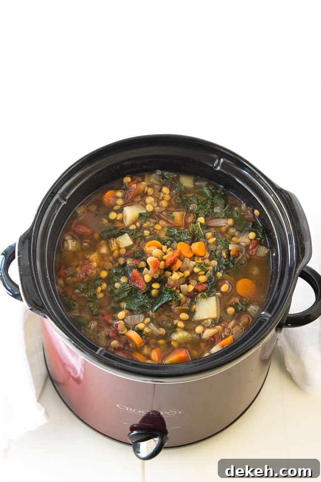 Crock Pot Vegetable Lentil Soup Recipe - This warm and comforting veggie lentil soup is vegan, delicious, and so easy to prepare using your slow cooker. This is a fantastic plant-based meal that will warm your belly and leave you feeling satisfied.