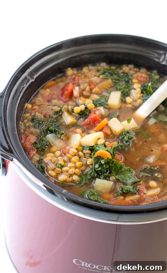 Crock Pot Vegetable Lentil Soup Recipe - This warm and comforting veggie lentil soup is vegan, delicious, and so easy to prepare using your slow cooker. This is a fantastic plant-based meal that will warm your belly and leave you feeling satisfied.