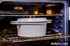 Dutch oven shown in an oven.
