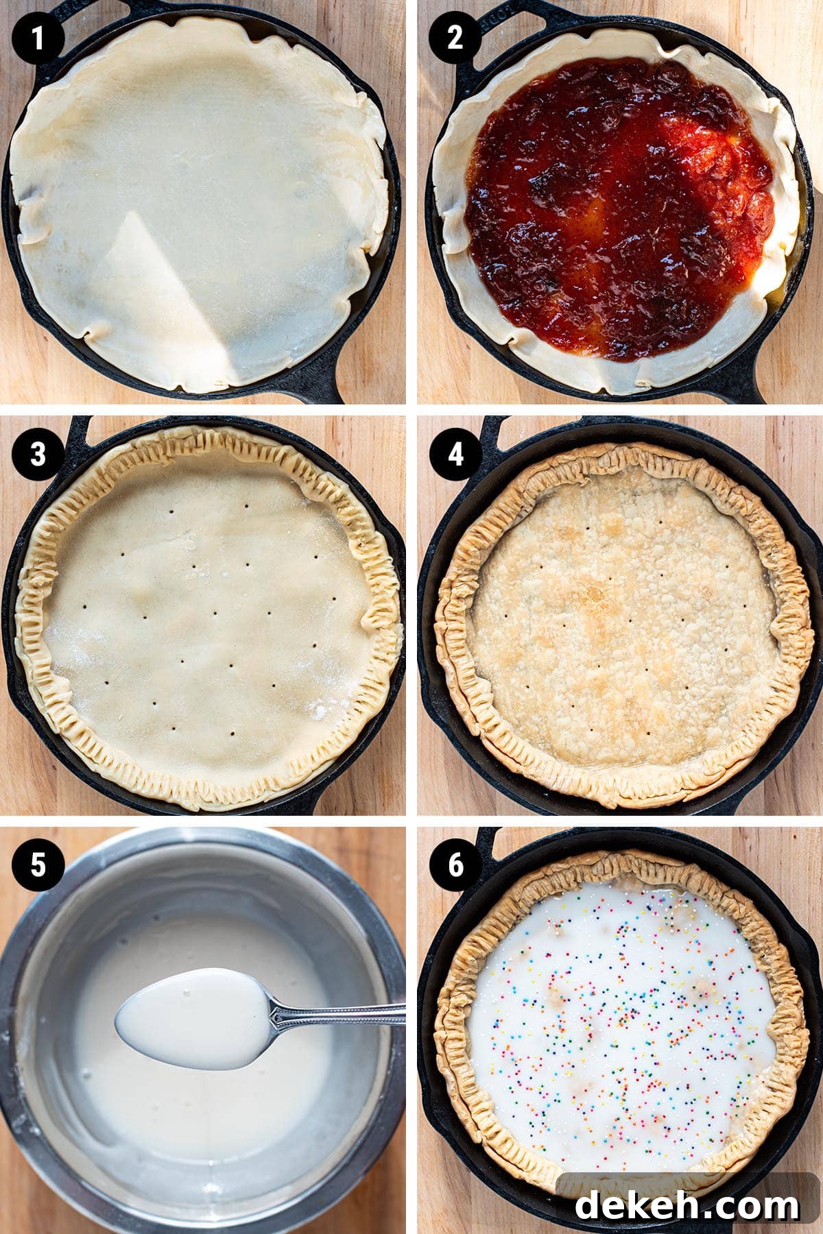 Step by step photo collage of making a giant Pop Tart in a cast iron skillet.