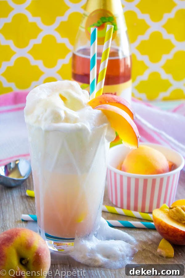 Peaches and Cream Floats: scoops of vanilla ice cream topped with a sparkling peach beverage and club soda