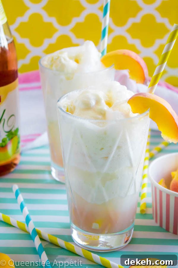 Peaches and Cream Floats: scoops of vanilla ice cream topped with a sparkling peach beverage and club soda