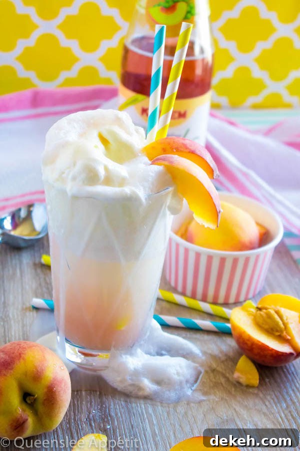 Peaches and Cream Floats: scoops of vanilla ice cream topped with a sparkling peach beverage and club soda