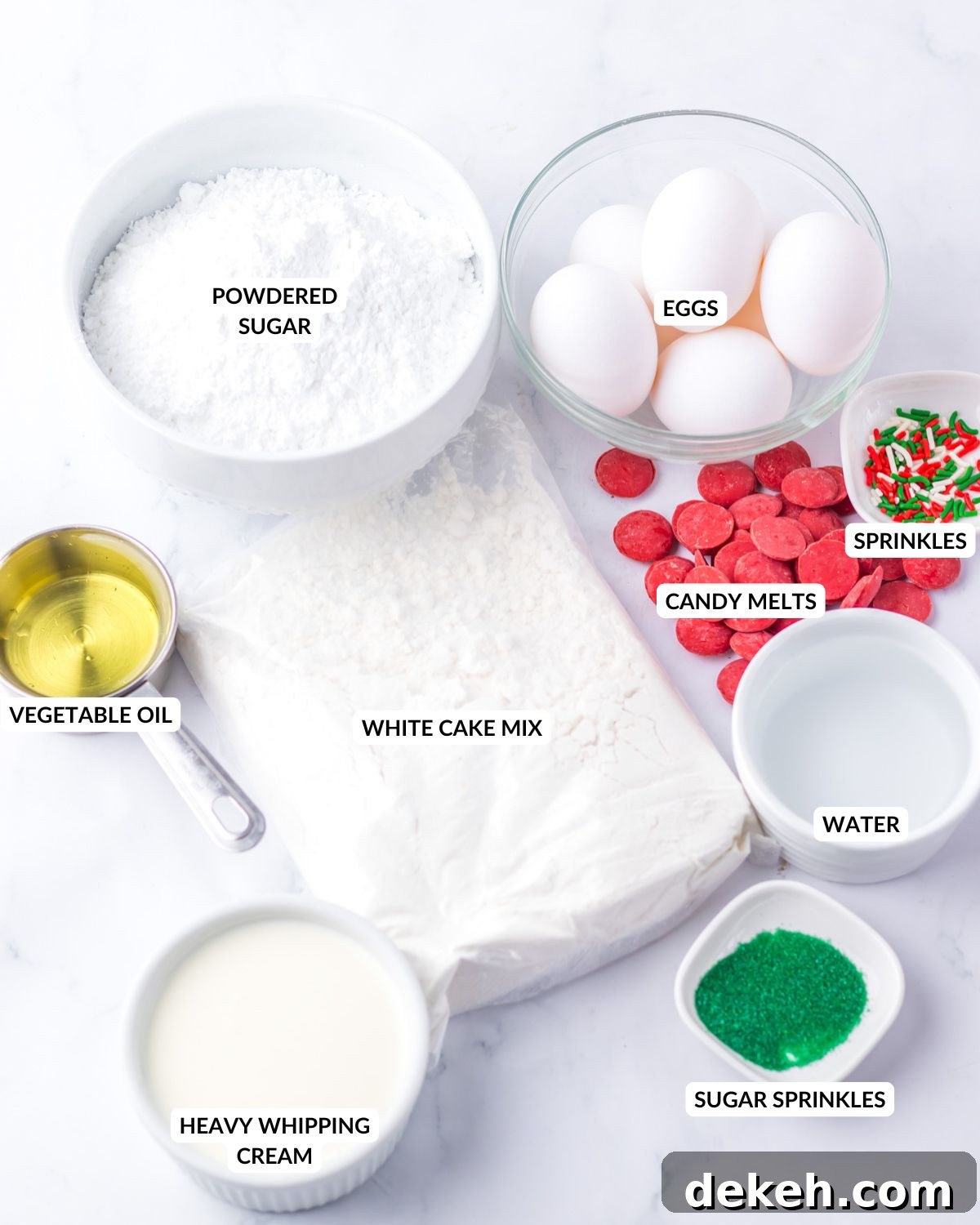An overhead image of the ingredients of Christmas cake roll.