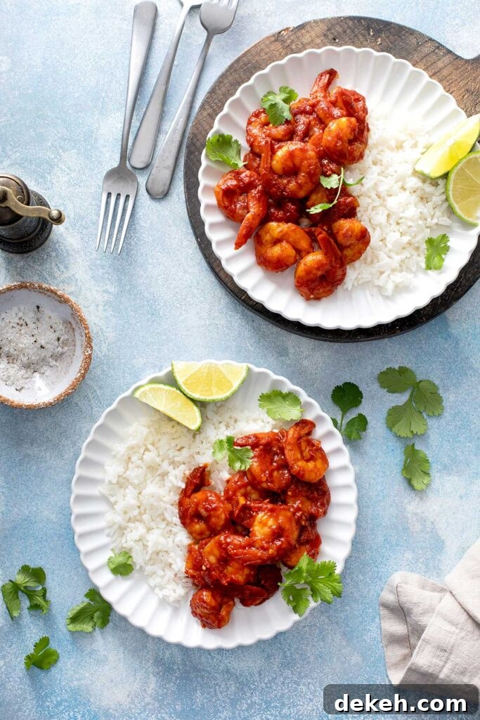 Diablo Shrimp (Camarones a la Diabla) — Spicy Mexican Shrimp Recipe 3 Plates with white rice and Mexican spicy shrimp in tomato chile sauce.