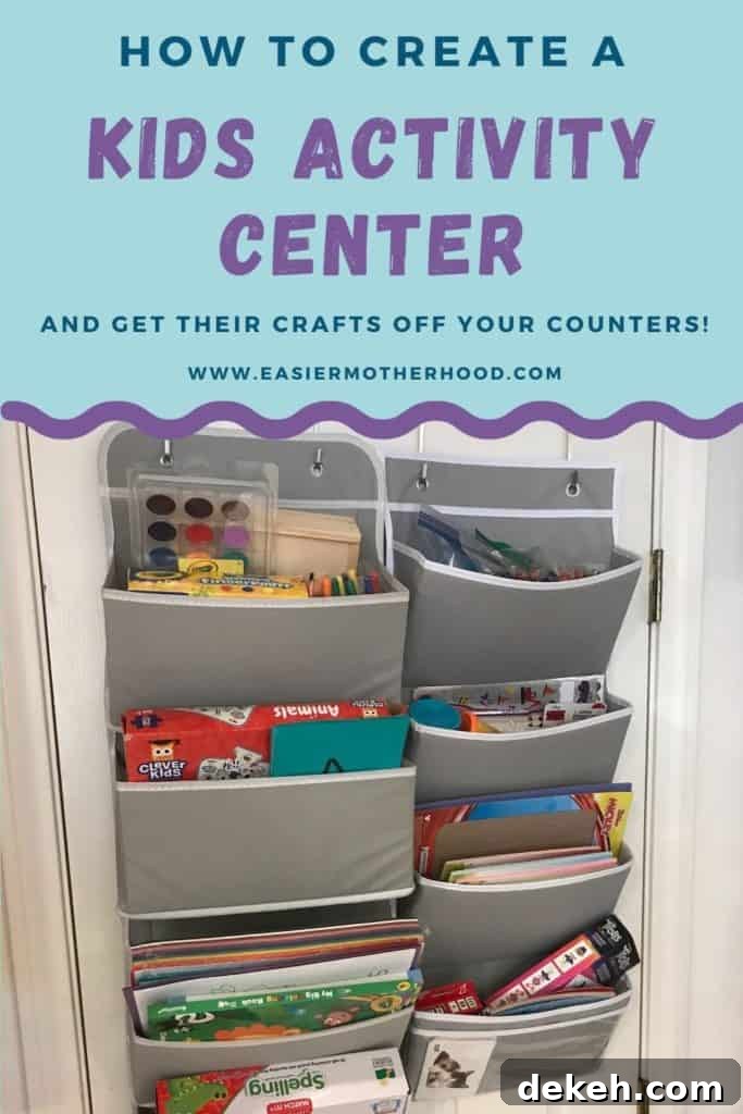 Pin image with text on top that reads "how to create a kids activity center and get their crafts off your counters" with image below text of two wall hanging storage solutions hung on a pantry door, containing toddler craft supplies and puzzle like activities.